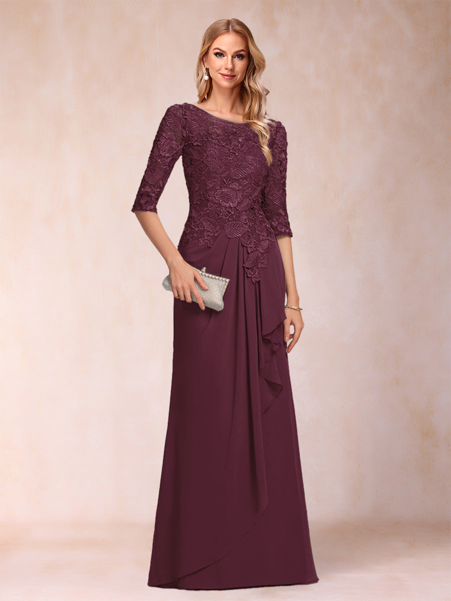 A-Line/Princess Scoop 3/4 Sleeves Chiffon Mother of the Bride Dresses with Ruffles &amp; Appliques