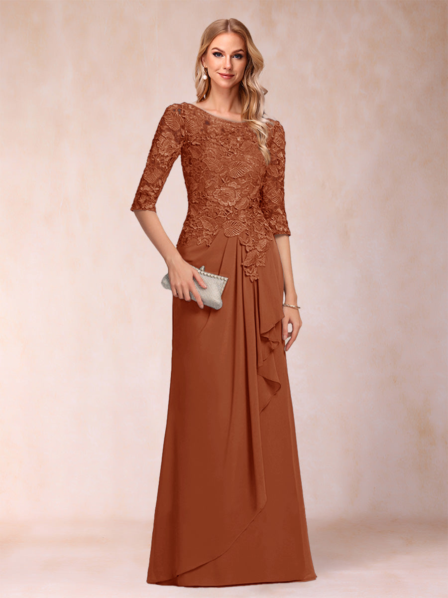A-Line/Princess Scoop 3/4 Sleeves Chiffon Mother of the Bride Dresses with Ruffles &amp; Appliques