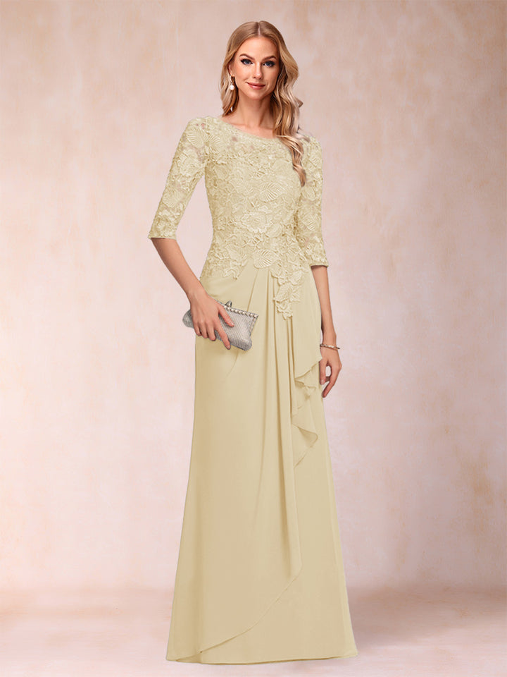 A-Line/Princess Scoop 3/4 Sleeves Chiffon Mother of the Bride Dresses with Ruffles &amp; Appliques