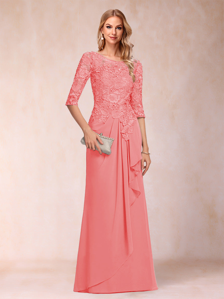 A-Line/Princess Scoop 3/4 Sleeves Chiffon Mother of the Bride Dresses with Ruffles &amp; Appliques