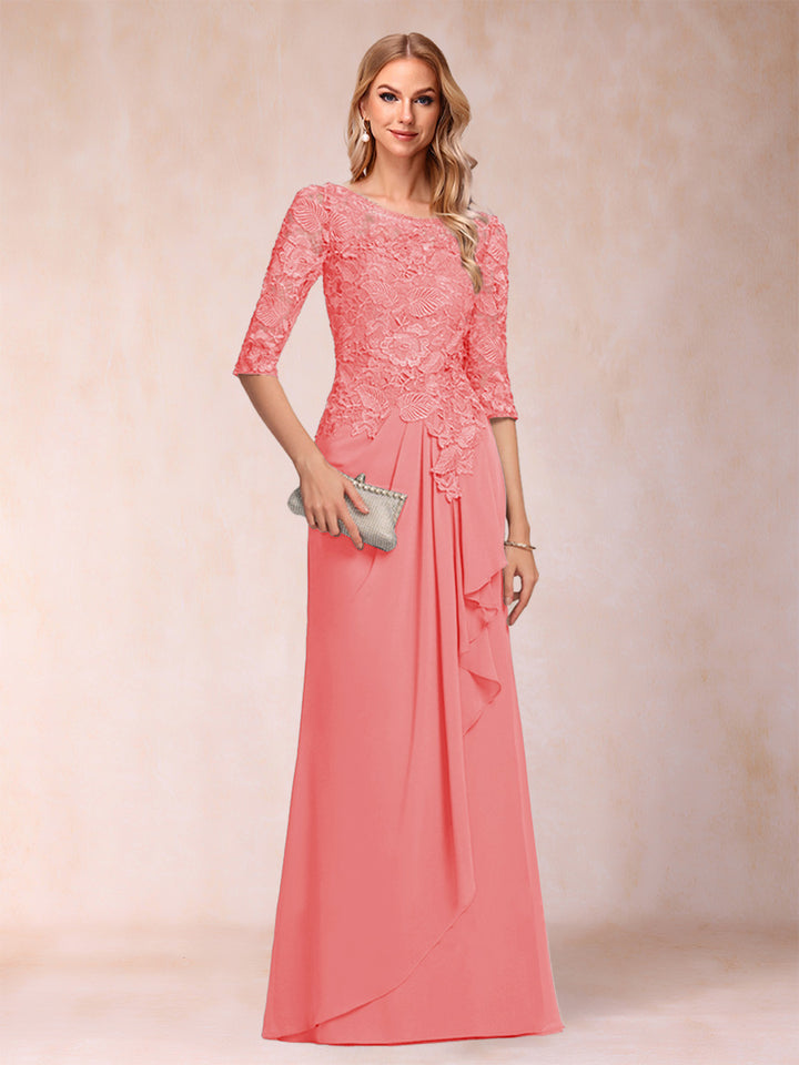 A-Line/Princess Scoop 3/4 Sleeves Chiffon Mother of the Bride Dresses with Ruffles &amp; Appliques
