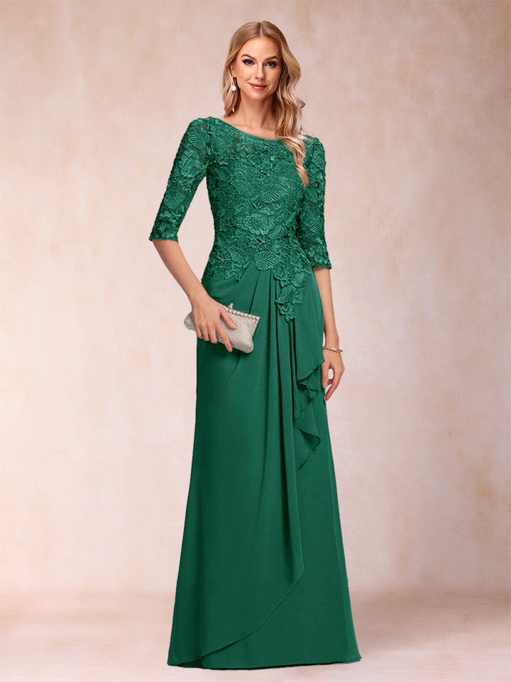 A-Line/Princess Scoop 3/4 Sleeves Chiffon Mother of the Bride Dresses with Ruffles &amp; Appliques