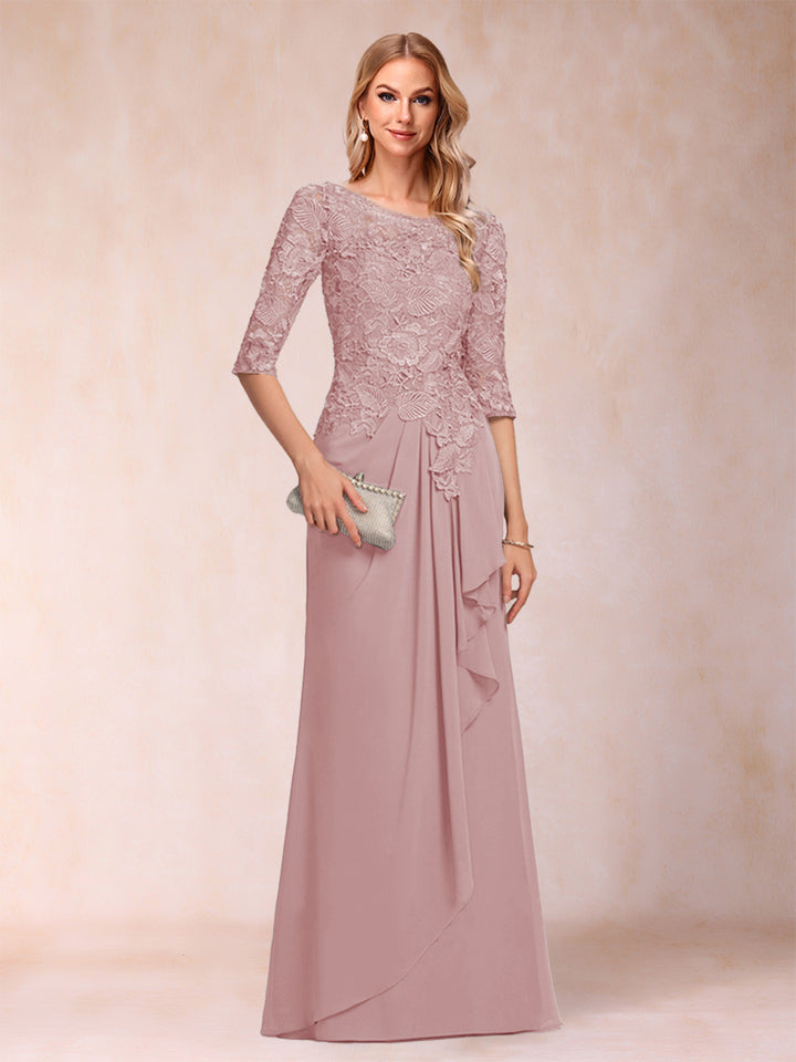 A-Line/Princess Scoop 3/4 Sleeves Chiffon Mother of the Bride Dresses with Ruffles &amp; Appliques