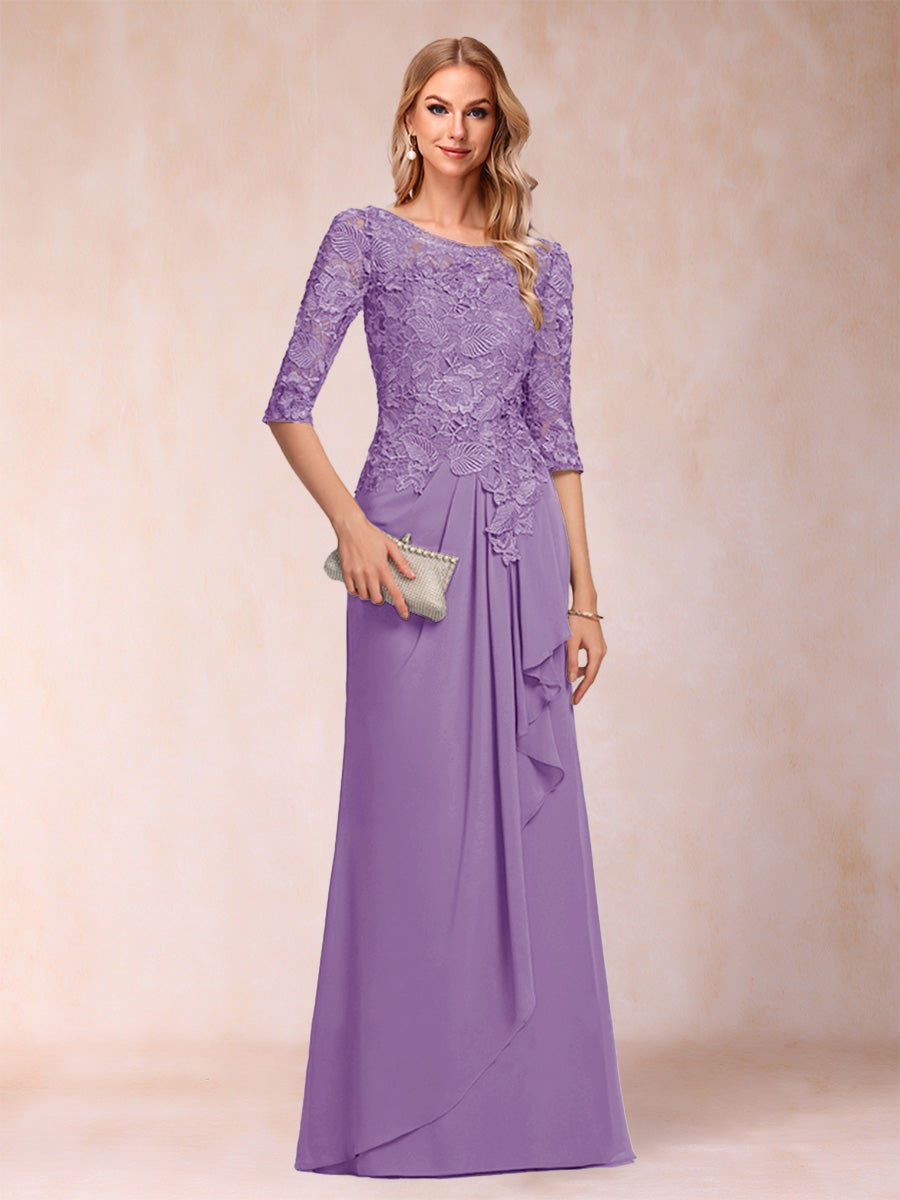 A-Line/Princess Scoop 3/4 Sleeves Chiffon Mother of the Bride Dresses with Ruffles &amp; Appliques