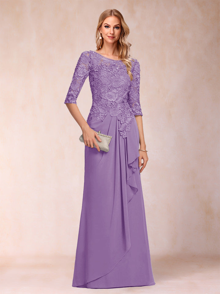 A-Line/Princess Scoop 3/4 Sleeves Chiffon Mother of the Bride Dresses with Ruffles &amp; Appliques