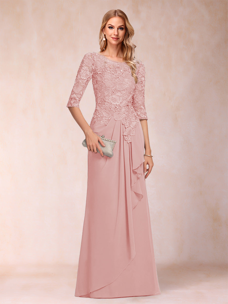A-Line/Princess Scoop 3/4 Sleeves Chiffon Mother of the Bride Dresses with Ruffles &amp; Appliques