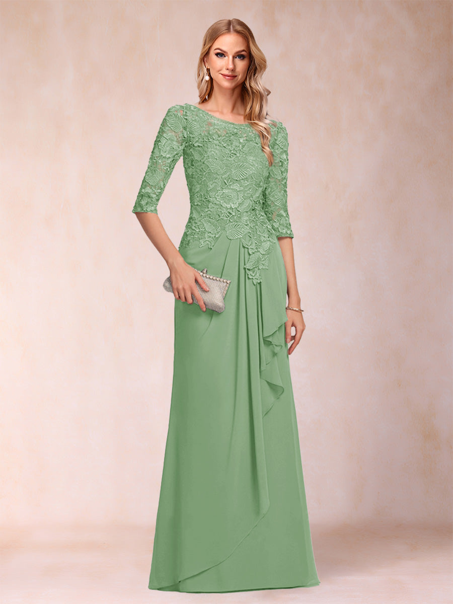 A-Line/Princess Scoop 3/4 Sleeves Chiffon Mother of the Bride Dresses with Ruffles &amp; Appliques