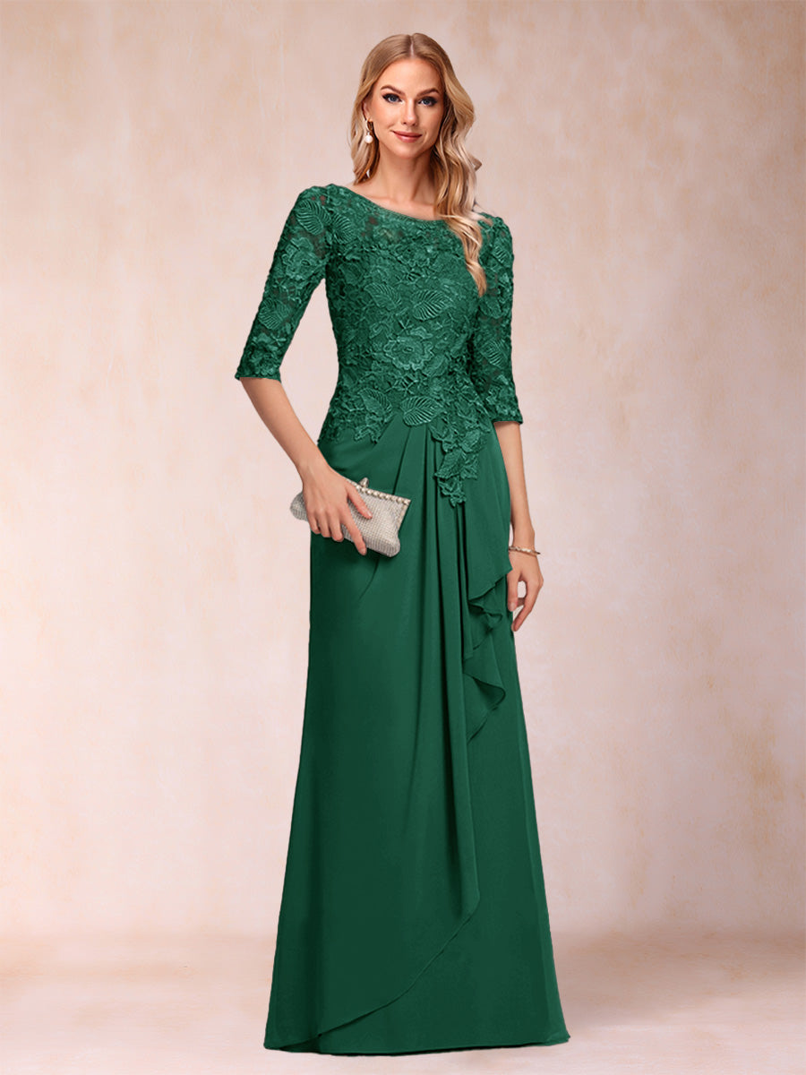 A-Line/Princess Scoop 3/4 Sleeves Chiffon Mother of the Bride Dresses with Ruffles &amp; Appliques