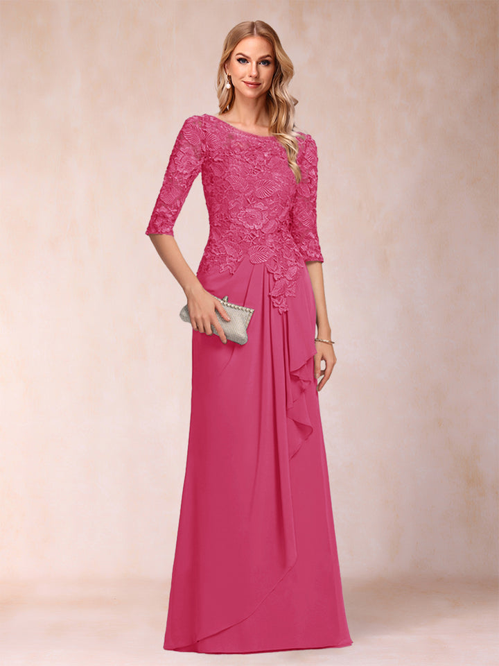 A-Line/Princess Scoop 3/4 Sleeves Chiffon Mother of the Bride Dresses with Ruffles &amp; Appliques