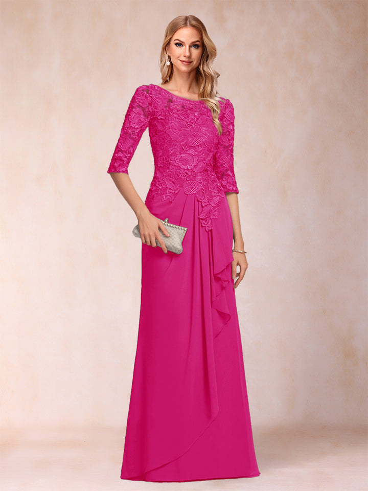 A-Line/Princess Scoop 3/4 Sleeves Chiffon Mother of the Bride Dresses with Ruffles &amp; Appliques