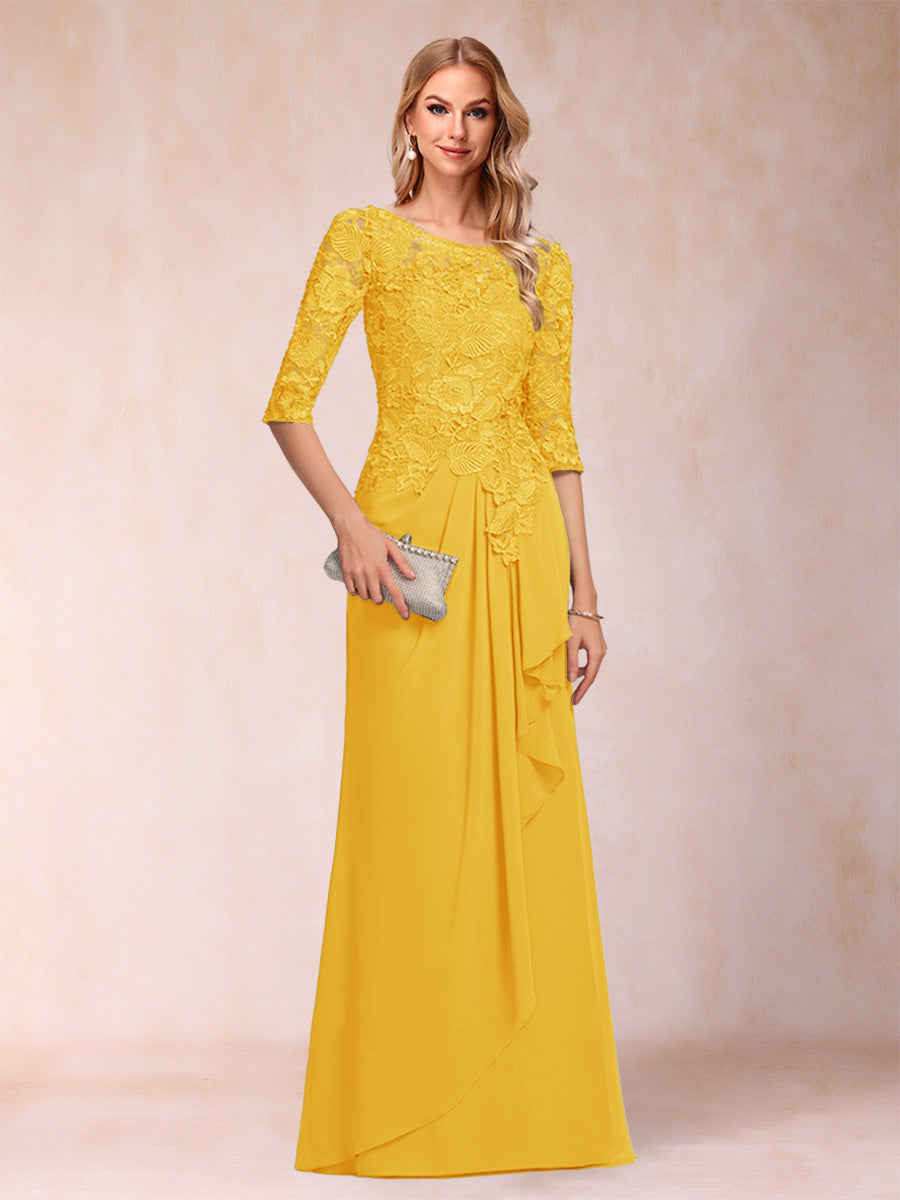 A-Line/Princess Scoop 3/4 Sleeves Chiffon Mother of the Bride Dresses with Ruffles &amp; Appliques