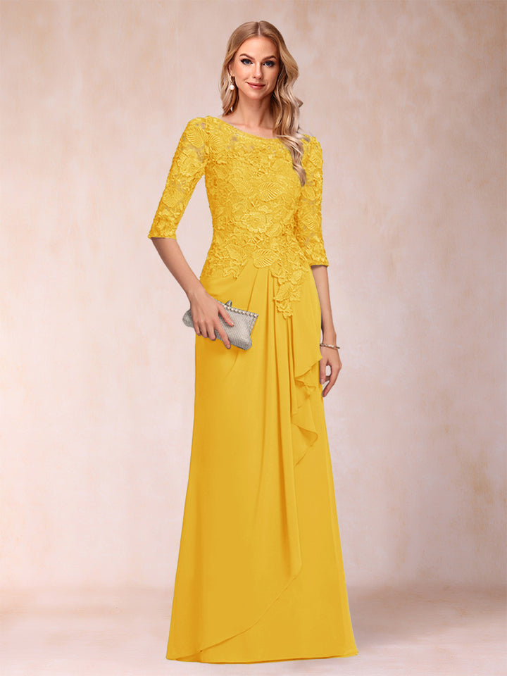A-Line/Princess Scoop 3/4 Sleeves Chiffon Mother of the Bride Dresses with Ruffles &amp; Appliques
