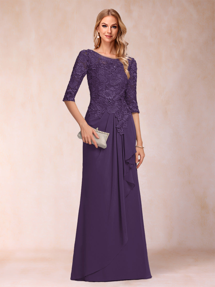 A-Line/Princess Scoop 3/4 Sleeves Chiffon Mother of the Bride Dresses with Ruffles &amp; Appliques
