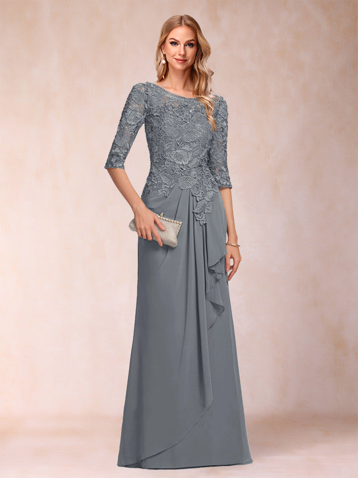 A-Line/Princess Scoop 3/4 Sleeves Chiffon Mother of the Bride Dresses with Ruffles &amp; Appliques
