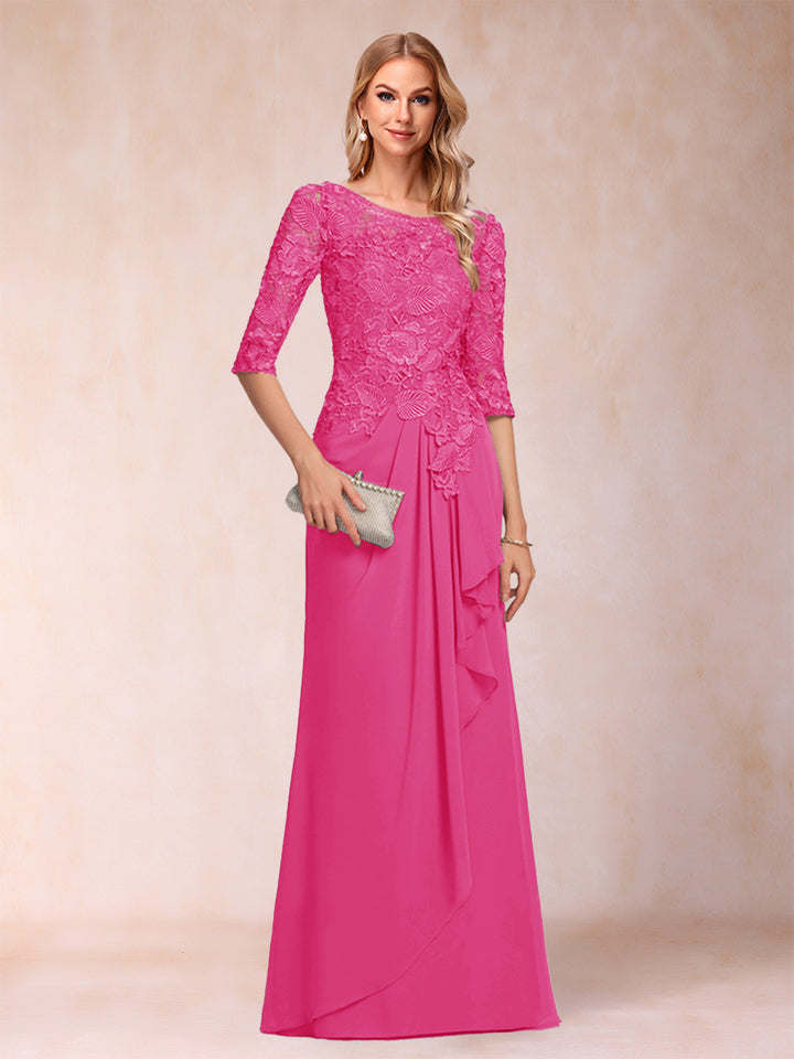 A-Line/Princess Scoop 3/4 Sleeves Chiffon Mother of the Bride Dresses with Ruffles &amp; Appliques
