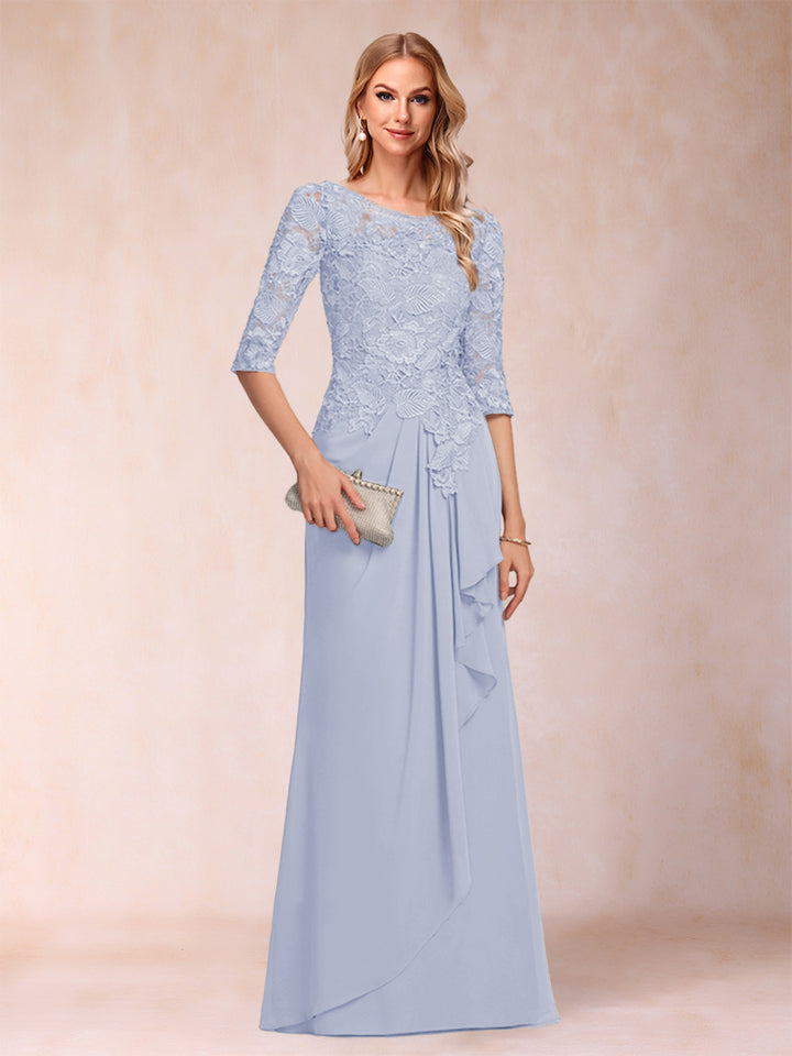 A-Line/Princess Scoop 3/4 Sleeves Chiffon Mother of the Bride Dresses with Ruffles &amp; Appliques