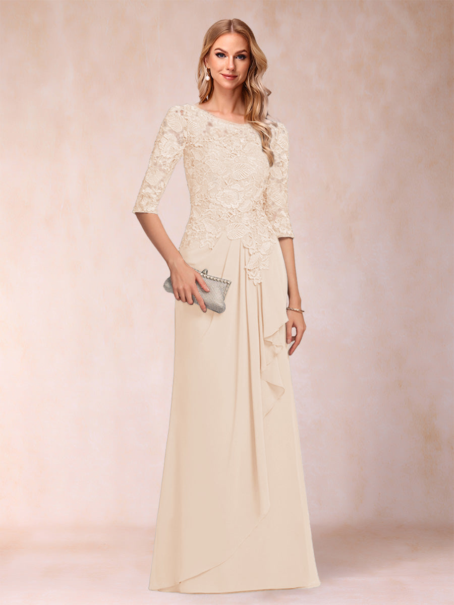 A-Line/Princess Scoop 3/4 Sleeves Chiffon Mother of the Bride Dresses with Ruffles &amp; Appliques