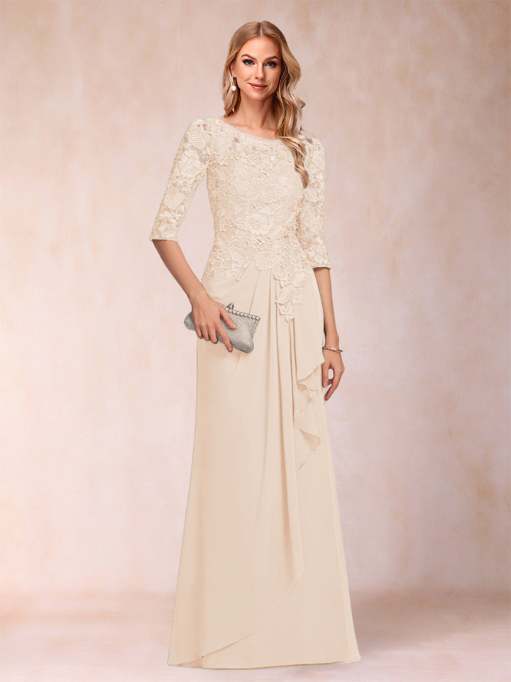 A-Line/Princess Scoop 3/4 Sleeves Chiffon Mother of the Bride Dresses with Ruffles &amp; Appliques