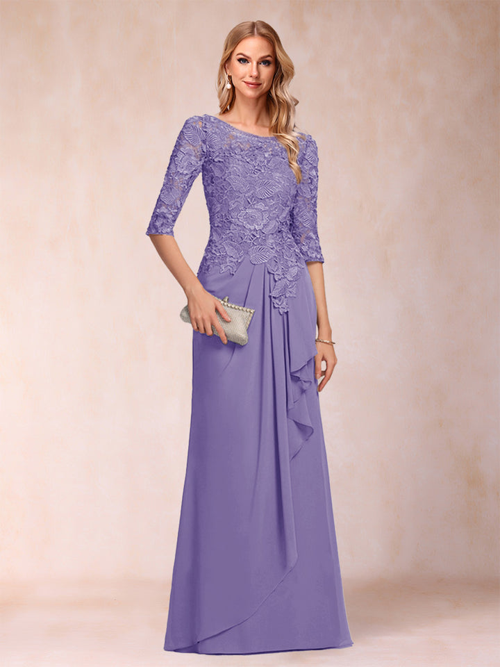 A-Line/Princess Scoop 3/4 Sleeves Chiffon Mother of the Bride Dresses with Ruffles &amp; Appliques