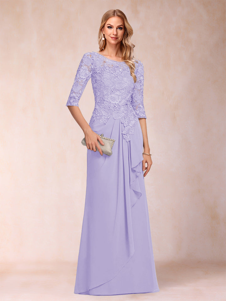 A-Line/Princess Scoop 3/4 Sleeves Chiffon Mother of the Bride Dresses with Ruffles &amp; Appliques