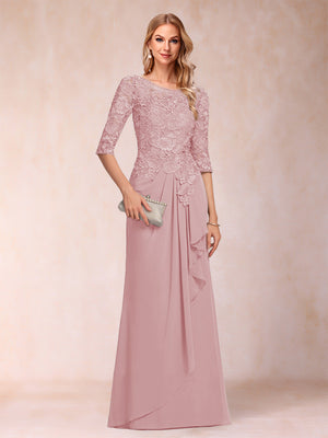 A-Line/Princess Scoop 3/4 Sleeves Chiffon Mother of the Bride Dresses with Ruffles & Appliques