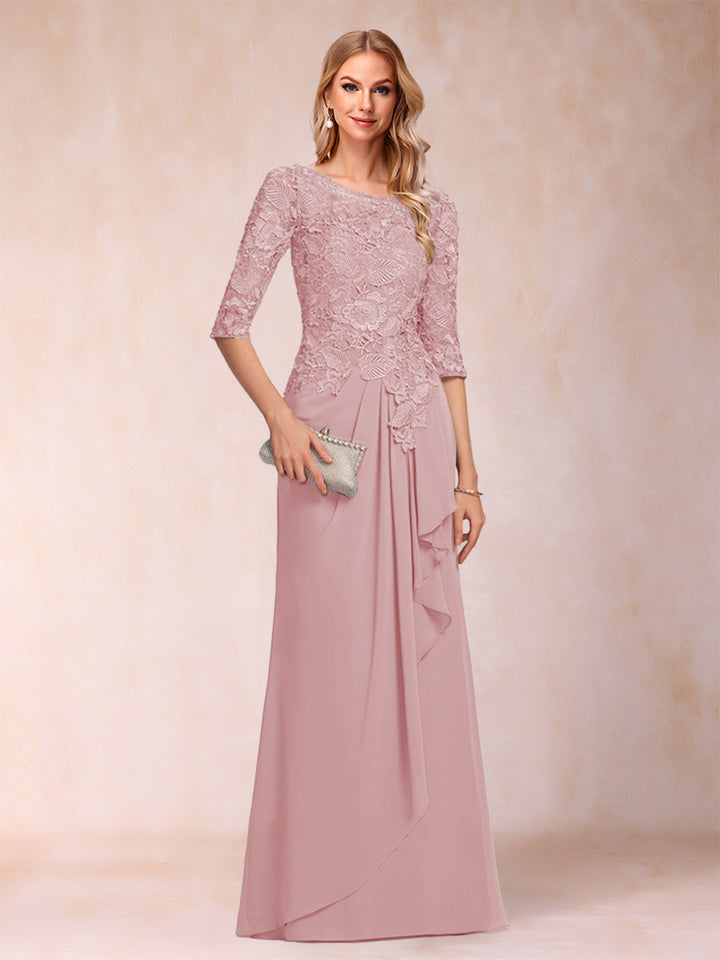 A-Line/Princess Scoop 3/4 Sleeves Chiffon Mother of the Bride Dresses with Ruffles &amp; Appliques