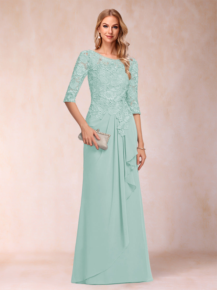 A-Line/Princess Scoop 3/4 Sleeves Chiffon Mother of the Bride Dresses with Ruffles &amp; Appliques