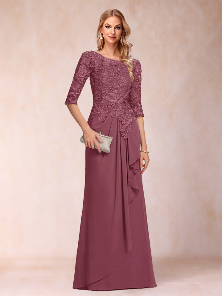 A-Line/Princess Scoop 3/4 Sleeves Chiffon Mother of the Bride Dresses with Ruffles &amp; Appliques