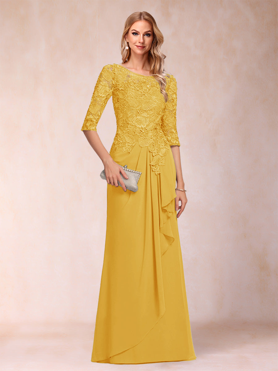 A-Line/Princess Scoop 3/4 Sleeves Chiffon Mother of the Bride Dresses with Ruffles &amp; Appliques