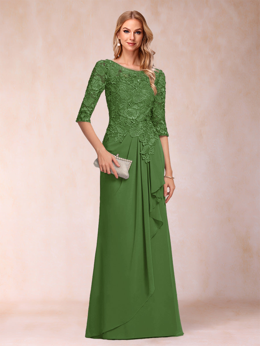 A-Line/Princess Scoop 3/4 Sleeves Chiffon Mother of the Bride Dresses with Ruffles &amp; Appliques