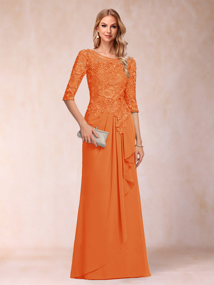 A-Line/Princess Scoop 3/4 Sleeves Chiffon Mother of the Bride Dresses with Ruffles &amp; Appliques