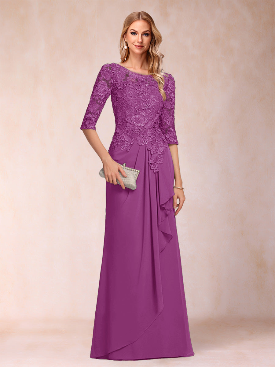 A-Line/Princess Scoop 3/4 Sleeves Chiffon Mother of the Bride Dresses with Ruffles &amp; Appliques