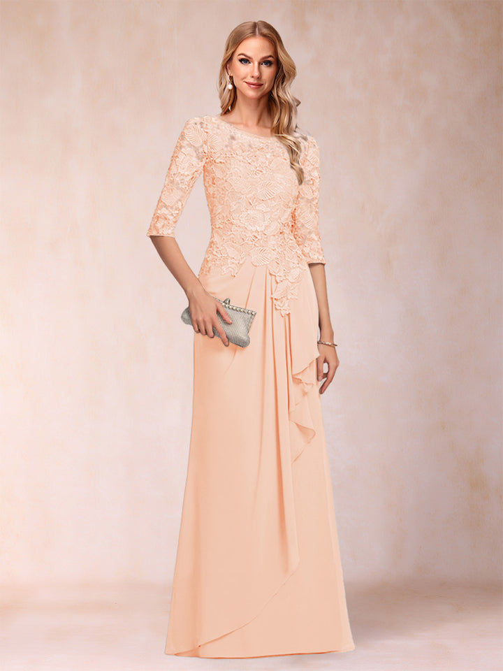 A-Line/Princess Scoop 3/4 Sleeves Chiffon Mother of the Bride Dresses with Ruffles &amp; Appliques