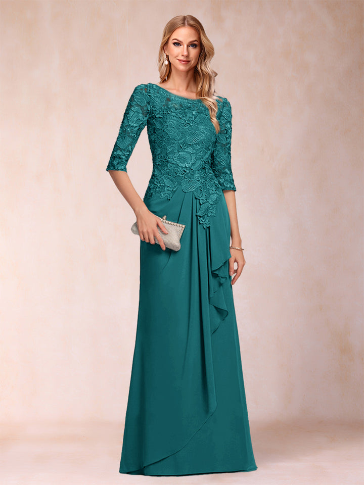 A-Line/Princess Scoop 3/4 Sleeves Chiffon Mother of the Bride Dresses with Ruffles &amp; Appliques