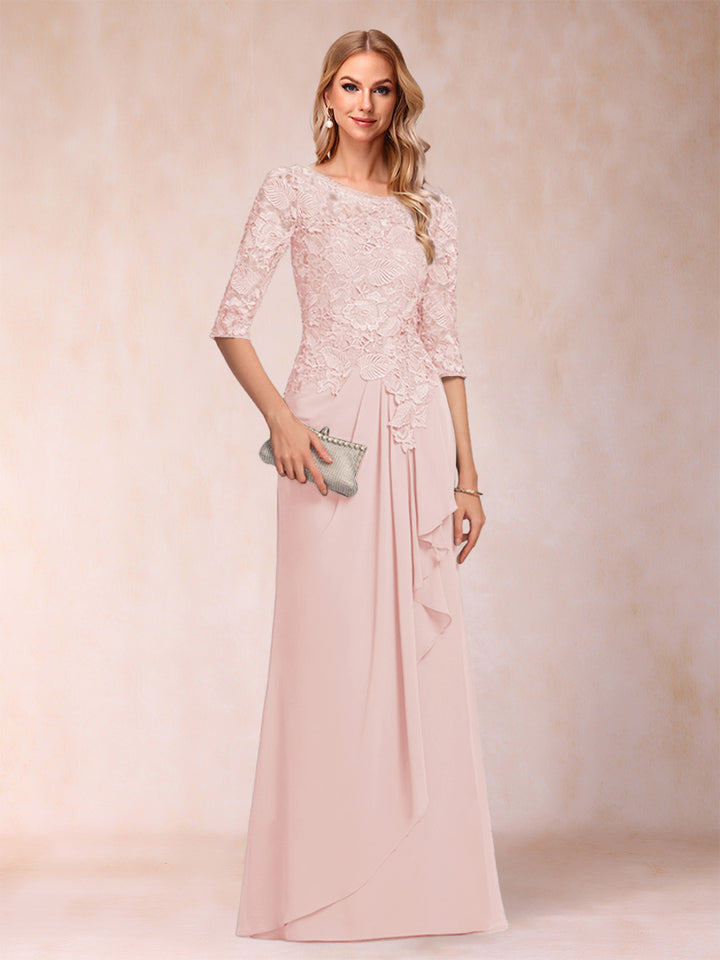 A-Line/Princess Scoop 3/4 Sleeves Chiffon Mother of the Bride Dresses with Ruffles &amp; Appliques