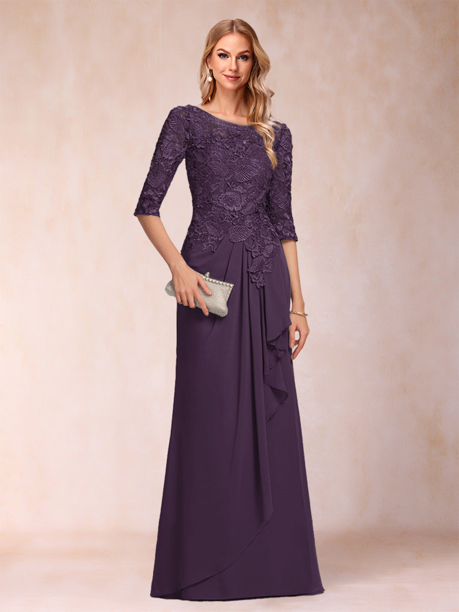 A-Line/Princess Scoop 3/4 Sleeves Chiffon Mother of the Bride Dresses with Ruffles &amp; Appliques