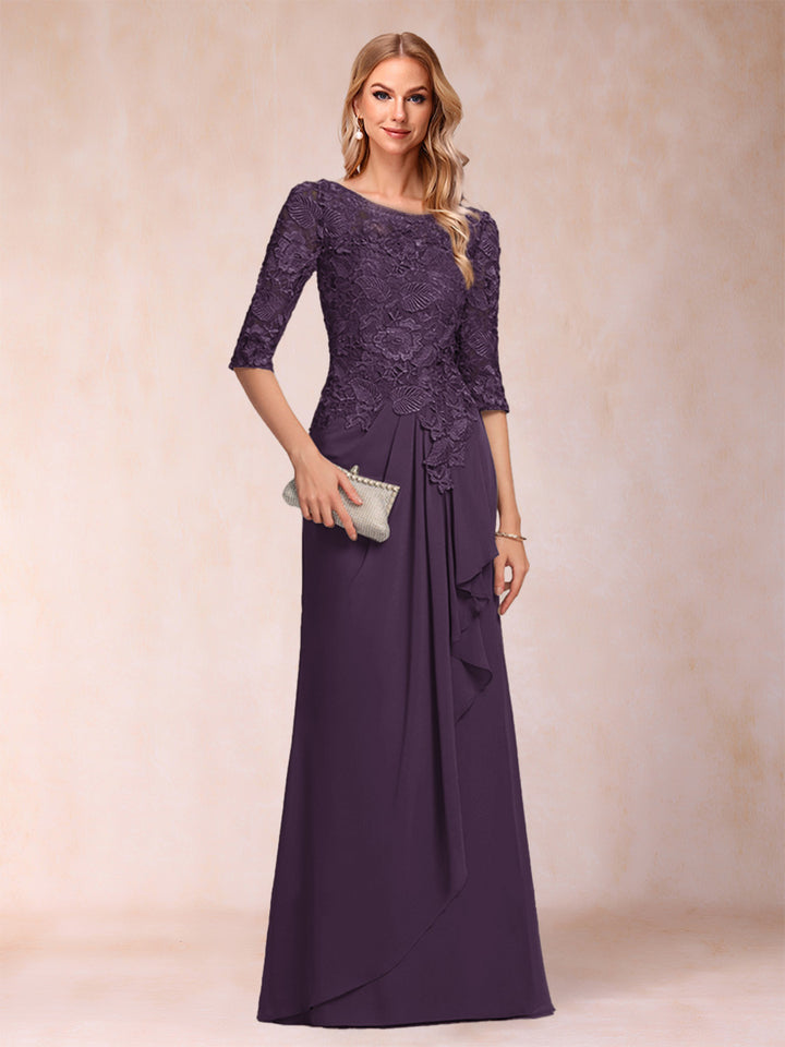 A-Line/Princess Scoop 3/4 Sleeves Chiffon Mother of the Bride Dresses with Ruffles &amp; Appliques