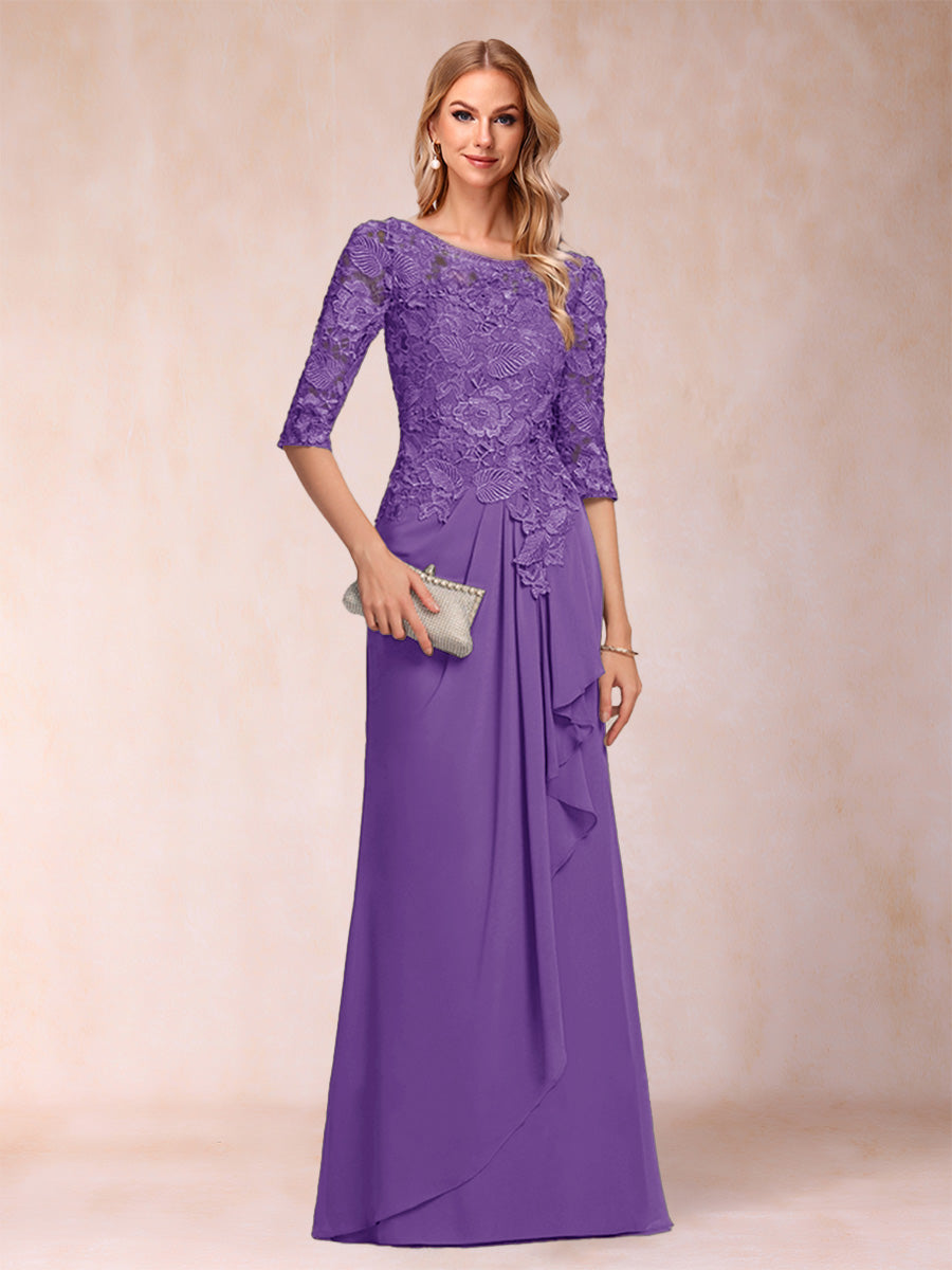 A-Line/Princess Scoop 3/4 Sleeves Chiffon Mother of the Bride Dresses with Ruffles &amp; Appliques