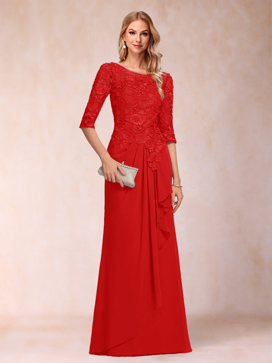 A-Line/Princess Scoop 3/4 Sleeves Chiffon Mother of the Bride Dresses with Ruffles &amp; Appliques