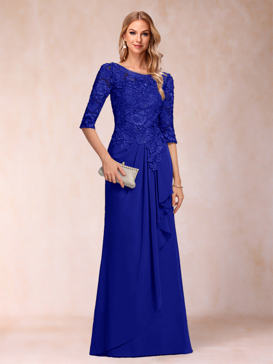 A-Line/Princess Scoop 3/4 Sleeves Chiffon Mother of the Bride Dresses with Ruffles &amp; Appliques