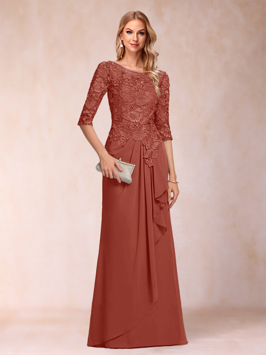 A-Line/Princess Scoop 3/4 Sleeves Chiffon Mother of the Bride Dresses with Ruffles &amp; Appliques