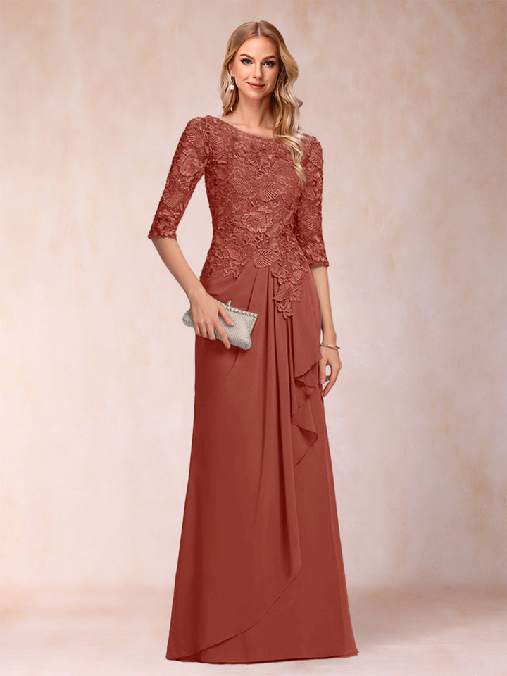 A-Line/Princess Scoop 3/4 Sleeves Chiffon Mother of the Bride Dresses with Ruffles &amp; Appliques