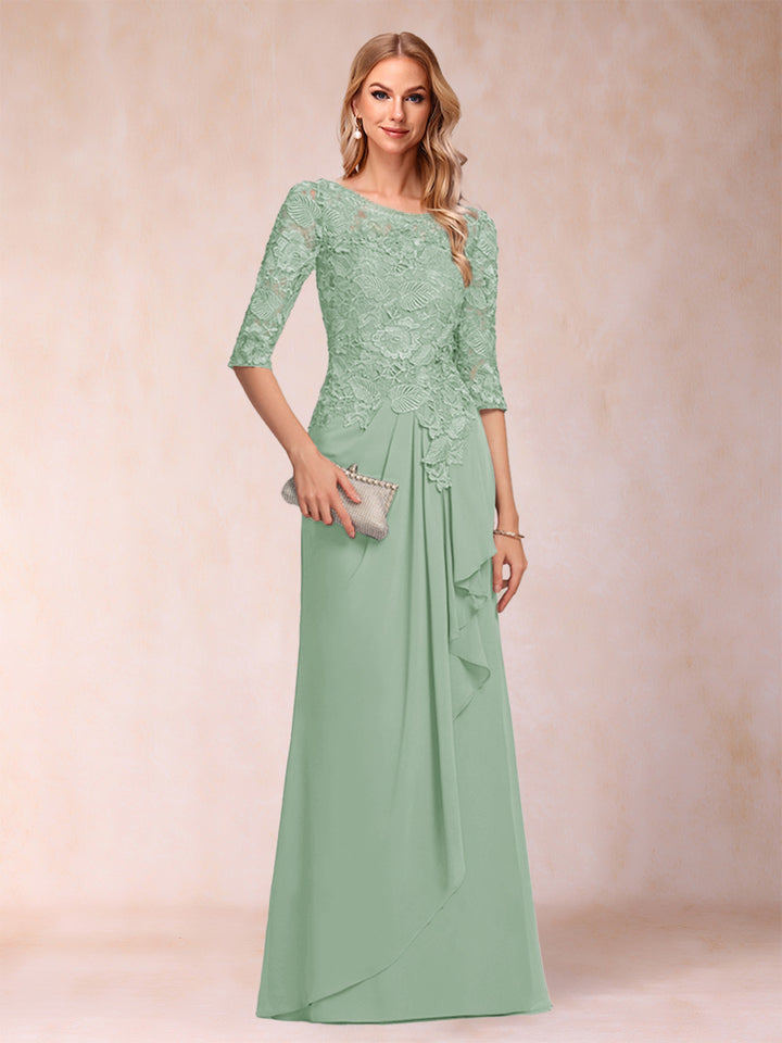 A-Line/Princess Scoop 3/4 Sleeves Chiffon Mother of the Bride Dresses with Ruffles &amp; Appliques