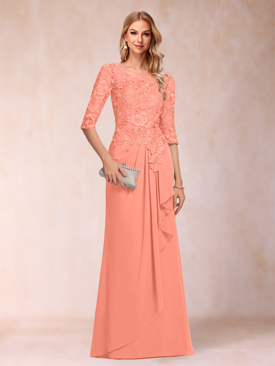 A-Line/Princess Scoop 3/4 Sleeves Chiffon Mother of the Bride Dresses with Ruffles &amp; Appliques