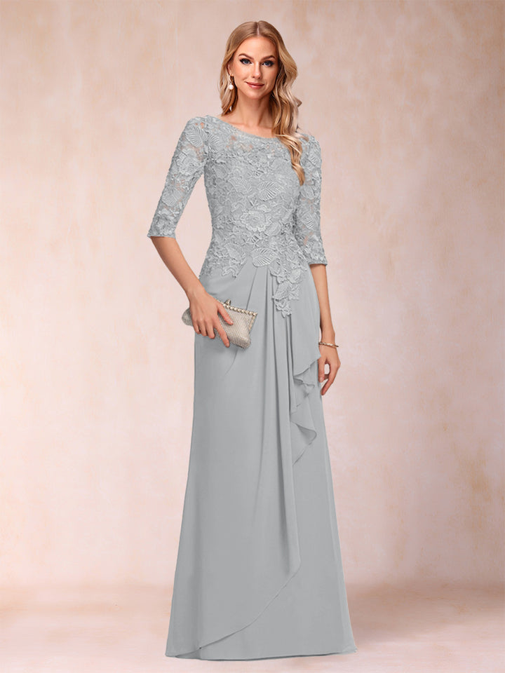A-Line/Princess Scoop 3/4 Sleeves Chiffon Mother of the Bride Dresses with Ruffles &amp; Appliques