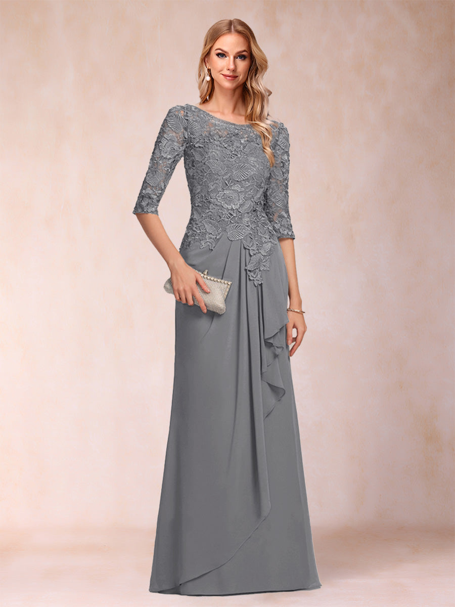 A-Line/Princess Scoop 3/4 Sleeves Chiffon Mother of the Bride Dresses with Ruffles &amp; Appliques