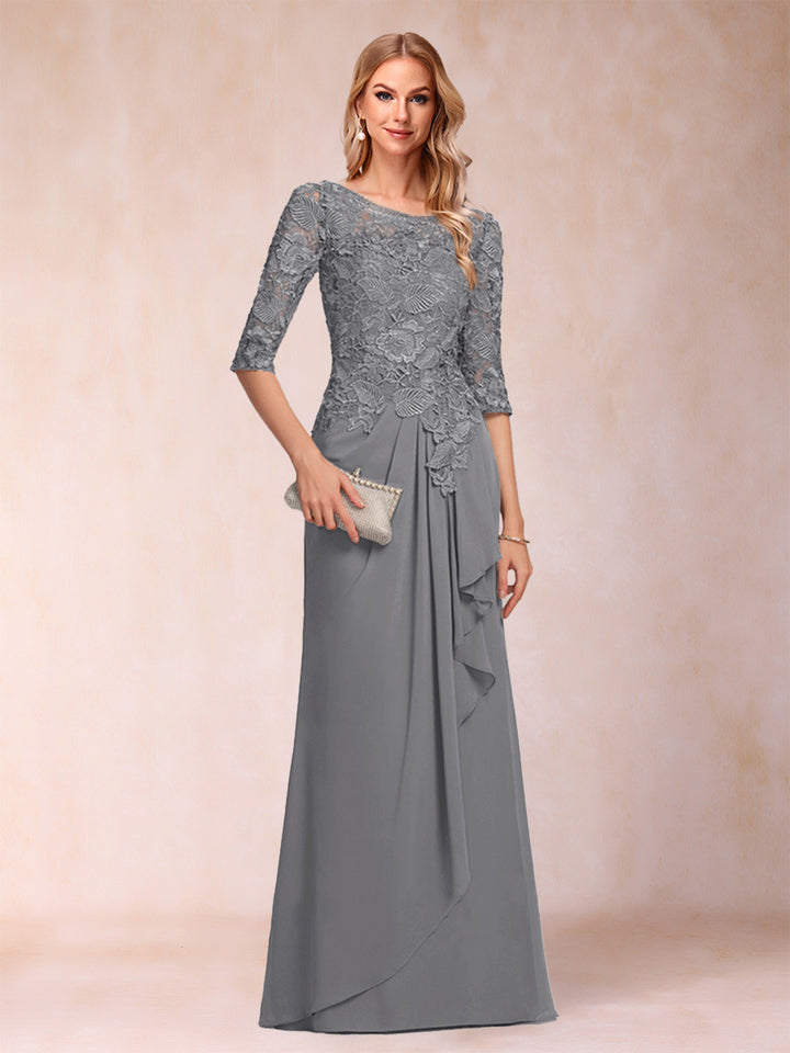 A-Line/Princess Scoop 3/4 Sleeves Chiffon Mother of the Bride Dresses with Ruffles &amp; Appliques