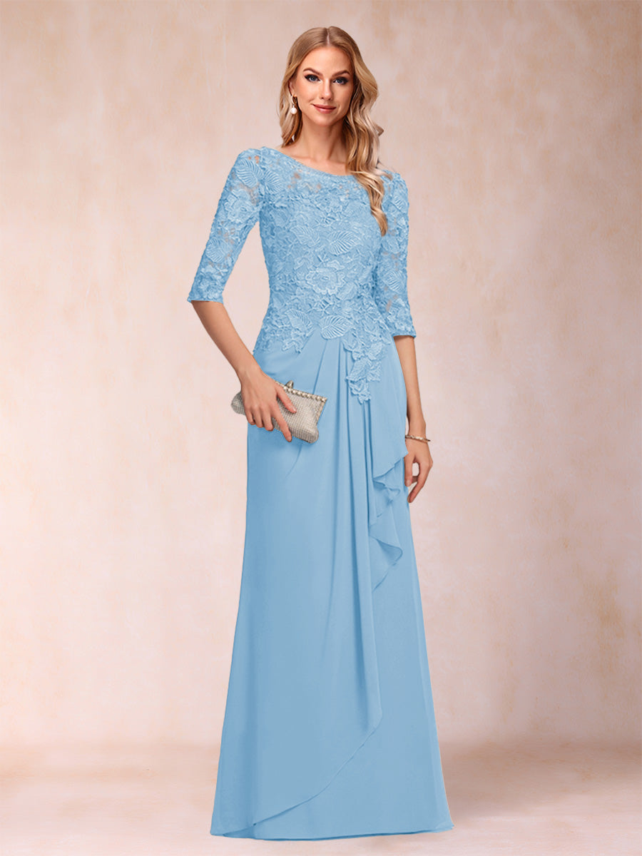 A-Line/Princess Scoop 3/4 Sleeves Chiffon Mother of the Bride Dresses with Ruffles &amp; Appliques