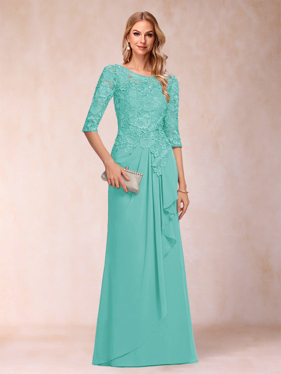 A-Line/Princess Scoop 3/4 Sleeves Chiffon Mother of the Bride Dresses with Ruffles &amp; Appliques