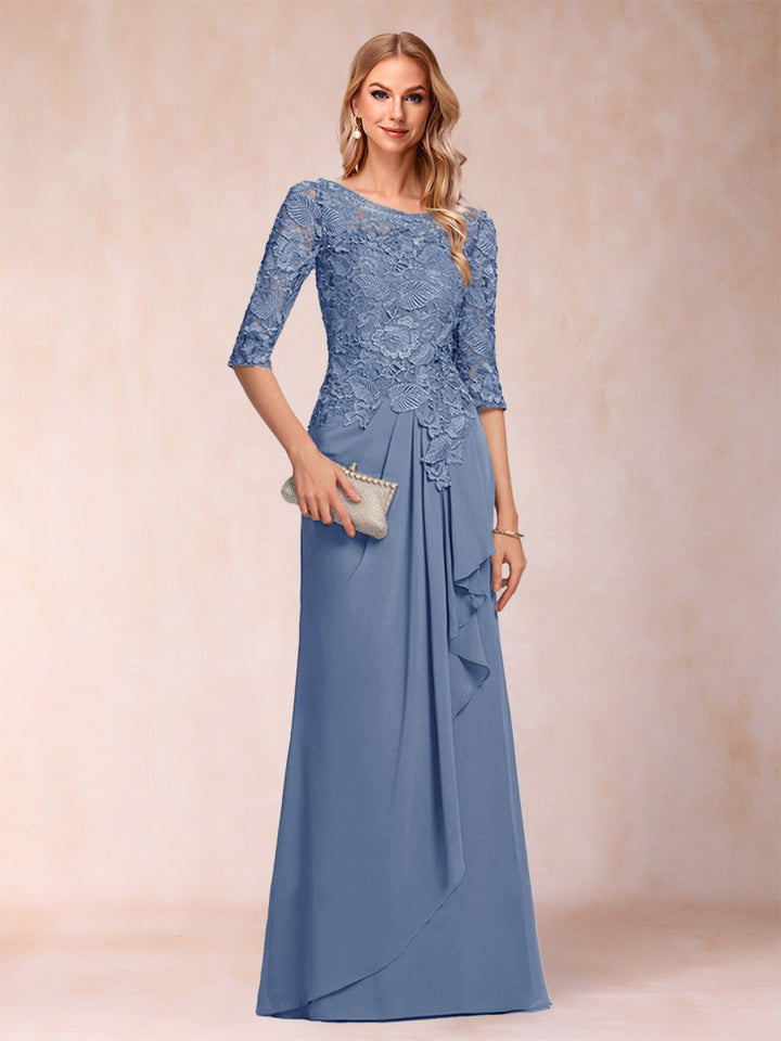 A-Line/Princess Scoop 3/4 Sleeves Chiffon Mother of the Bride Dresses with Ruffles &amp; Appliques